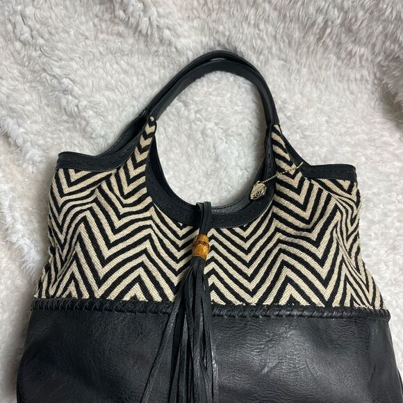 Big Buddha Boho Black &beige zigzag fabric black faux leather trim stitch accent - Picture 4 of 11